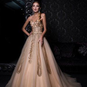 PRIME EVENING Prom Quinceanera DRESS in Gold Size 6 (V-143)